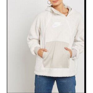 Nike NSW Sherpa Pullover Hoodie Large Ivory 1/2 Double Zip Kangaroo Pouch